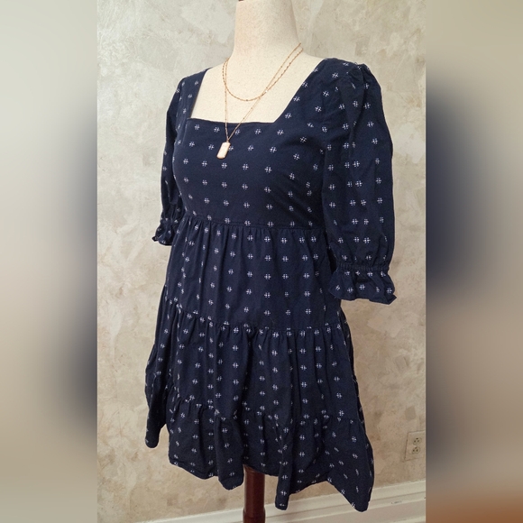 Madewell Dresses & Skirts - Madewell Navy Cotton Tiered Mini Dress Size 6 Square Neck Puff Sleeve